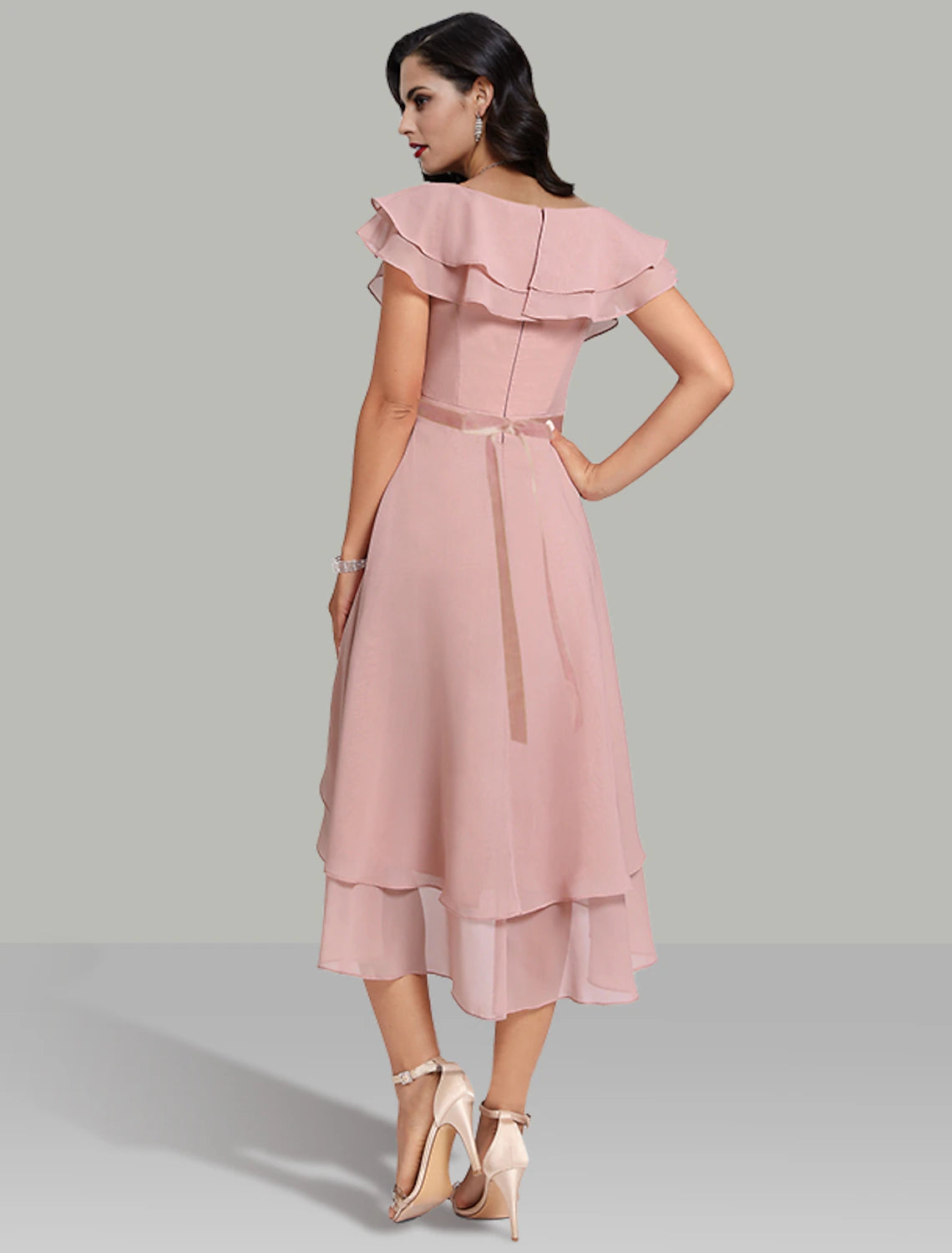 Wholesale A-Line Wedding Guest Dresses Tiered Plisse Dress Cocktail Party Semi Formal Tea Length Short Sleeve V Neck Belt / Sash Chiffon with Beading